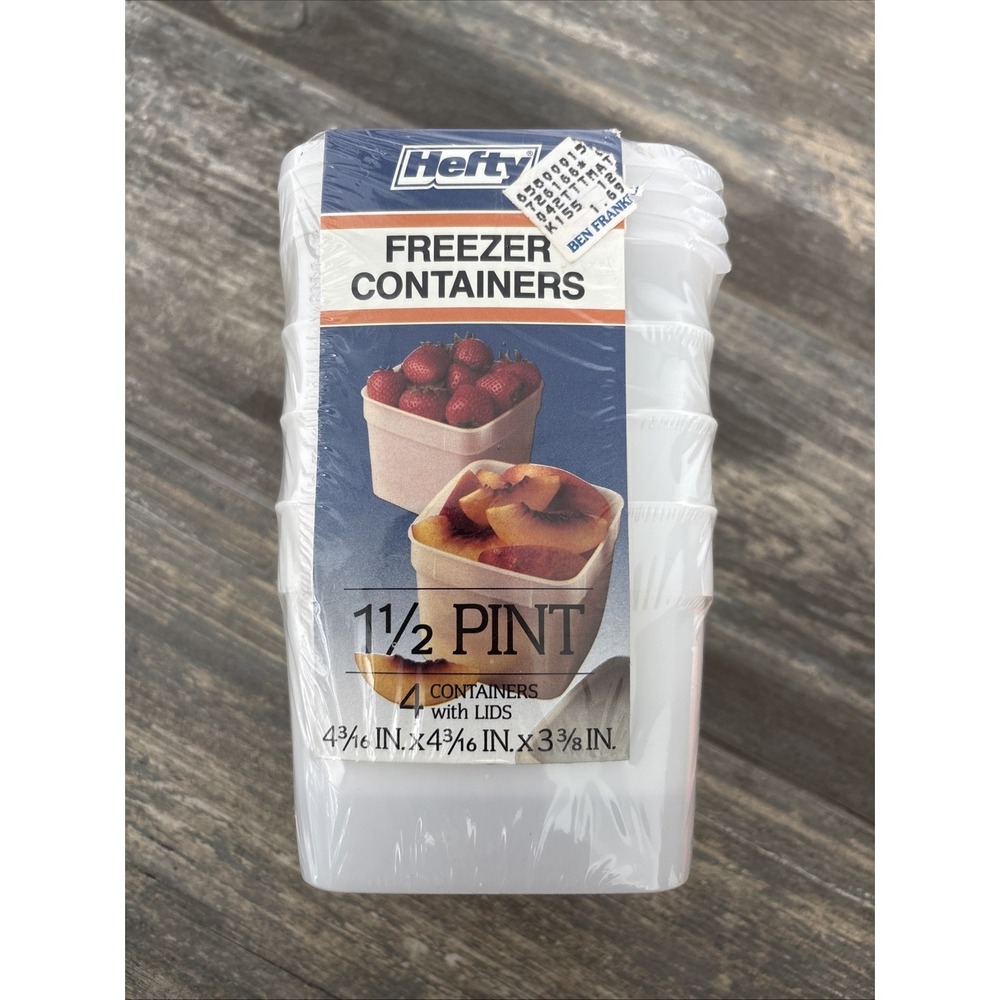 Vtg 1988 Hefty‎ 1.5 PINT Freezer Containers 4 Pack With Lids New Sealed Package